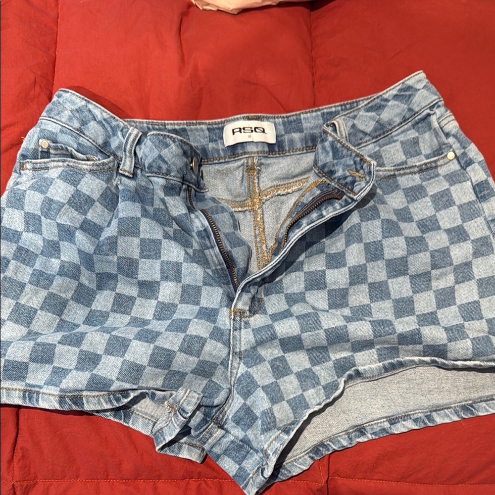 RSQ Blue Jean Shorts with Checkered Design